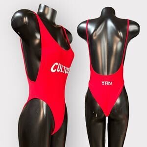 YRN NEW Open Back High Thigh Cheeky One-Piece CULTURE Swimsuit XS Red Lifeguard